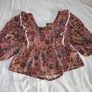 Smith & Quinn Top Women’s X-large Blouse Floral Abstract Garden Ruffle Tie Back